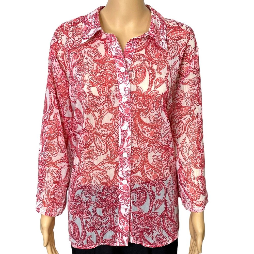 Bon Worth Women's L White Red Paisley Roll Tab Sleeve Sheer Button Blouse Shirt